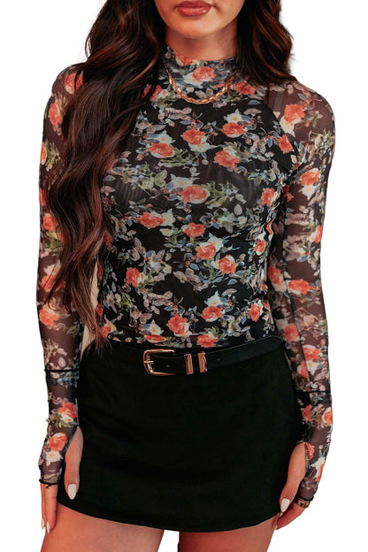 Black Floral Print Mesh Long Sleeve Stand Neck Pullover Top