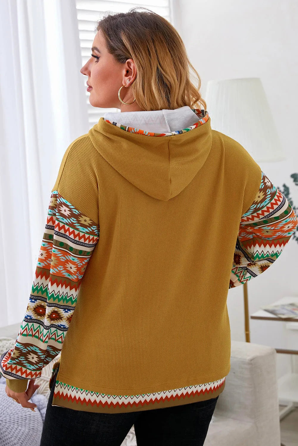 Camel Aztec Patchwork Sleeve Waffle Drawstring Plus Hoodie - Chic Meadow Boutique 