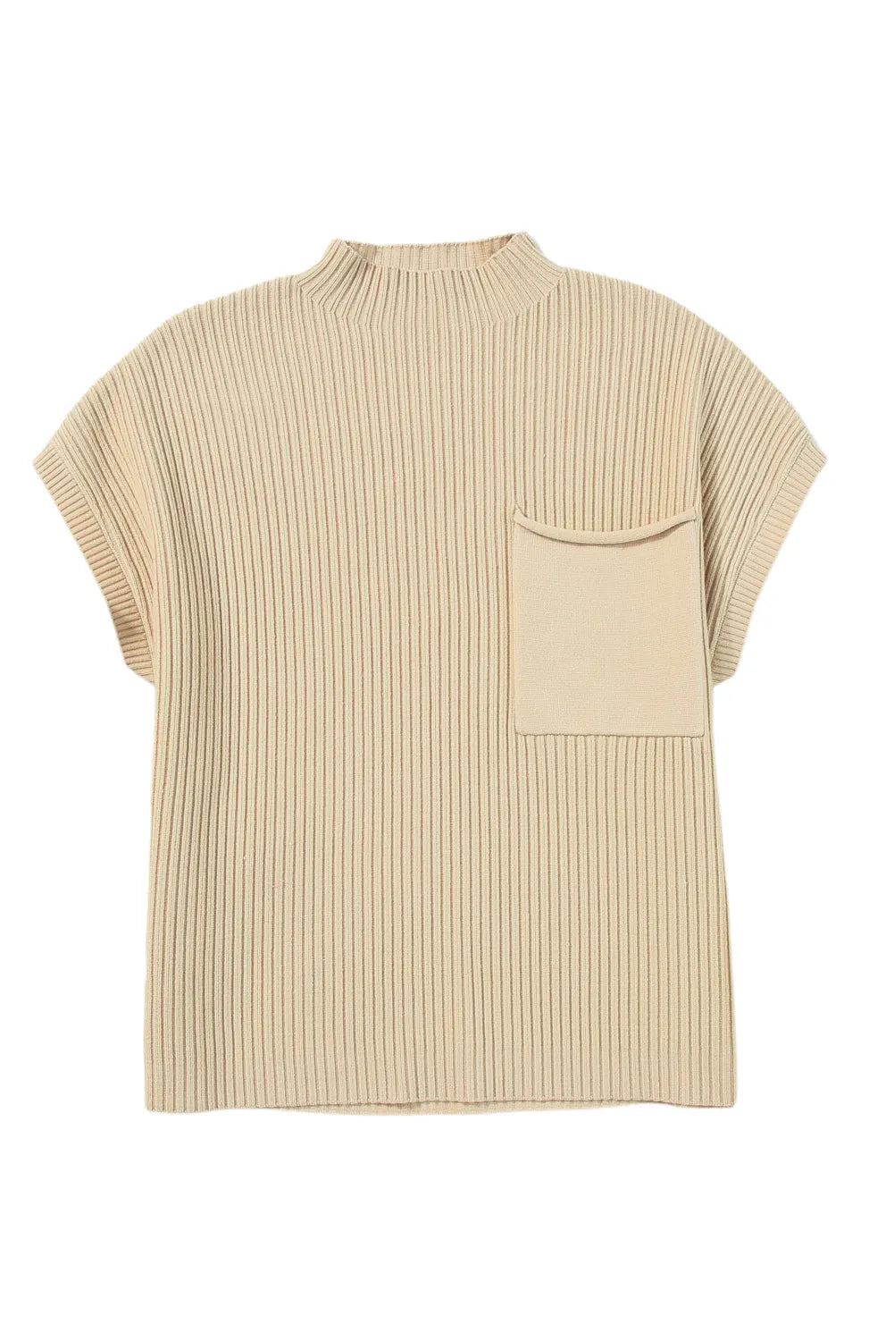 Oatmeal Patch Pocket Ribbed Knit Short Sleeve Sweater - Chic Meadow Boutique 