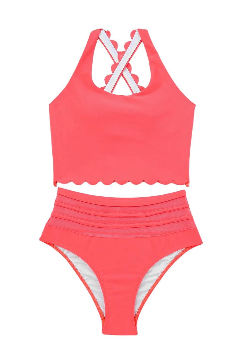 Swimwear/High Waisted Swimsuit Pink Scalloped Criss Cross High Waist Bikini