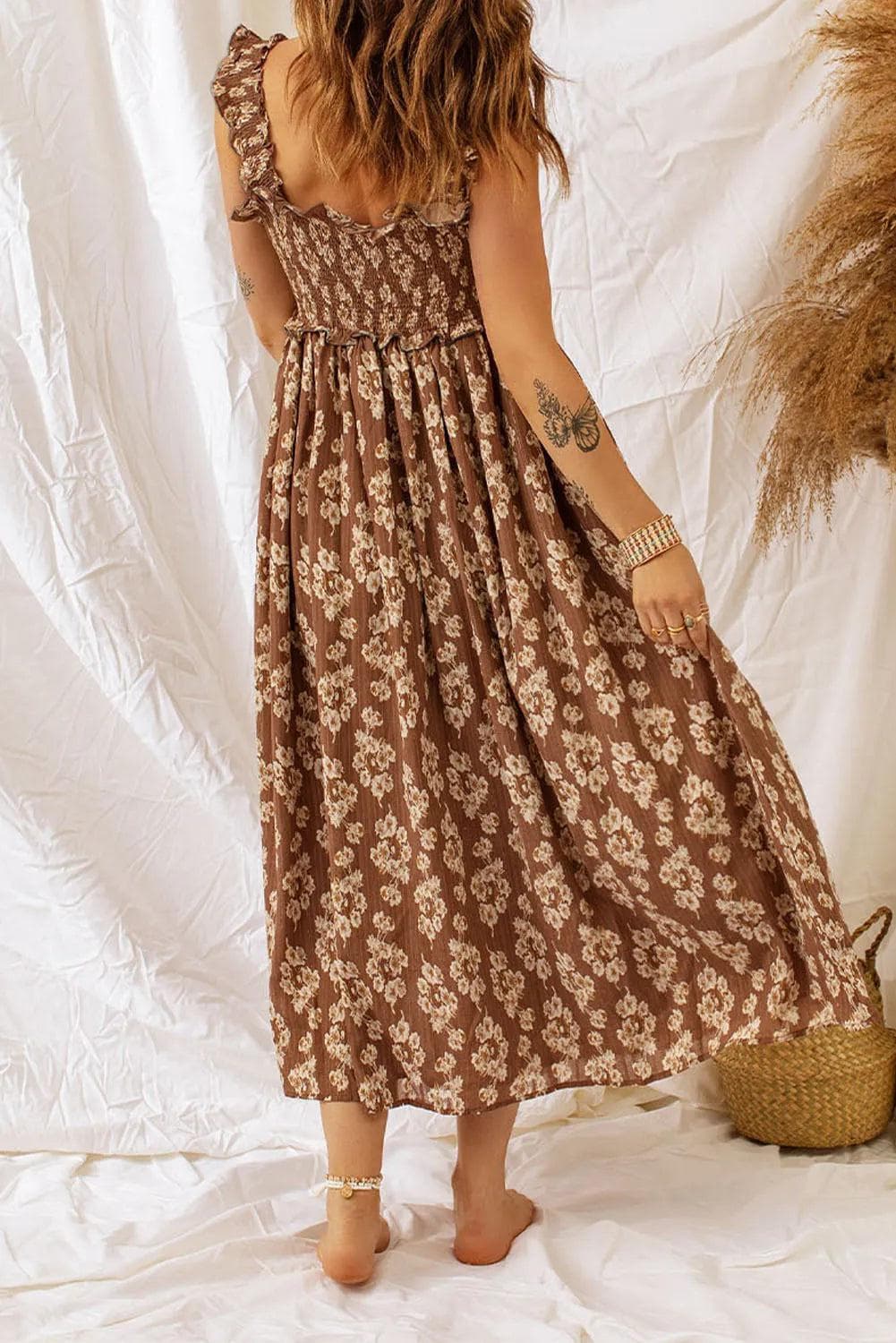 Dresses/Floral Dresses Brown Ruffled Straps Smocked Floral Maxi Dress