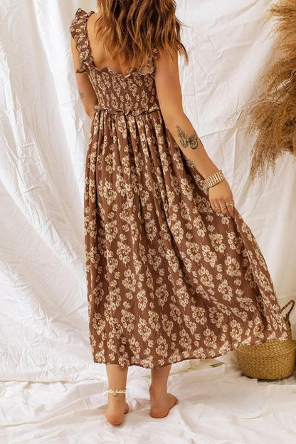 Dresses/Floral Dresses Brown Ruffled Straps Smocked Floral Maxi Dress