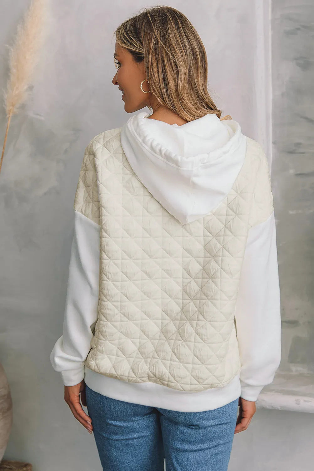 Beige Drop Shoulder Quilted Patchwork Kangaroo Pocket Hoodie - Chic Meadow Boutique 