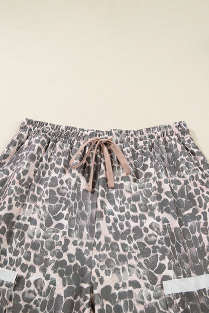Khaki Plus Size Leopard Print Raw Edge Patch Pocket Drawstring Loose Pants