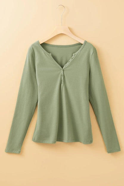 Laurel Green Long Sleeve Buttons V Neck Slim Fit Top - Chic Meadow Boutique 