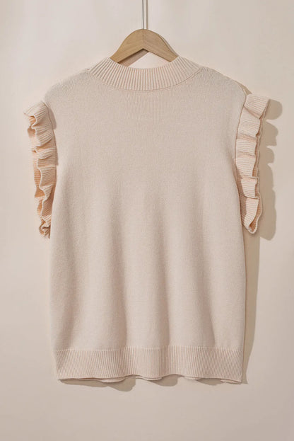 Oatmeal Plus Cable Knit Short Ruffled Sleeve Mock Neck Sweater - Chic Meadow Boutique 