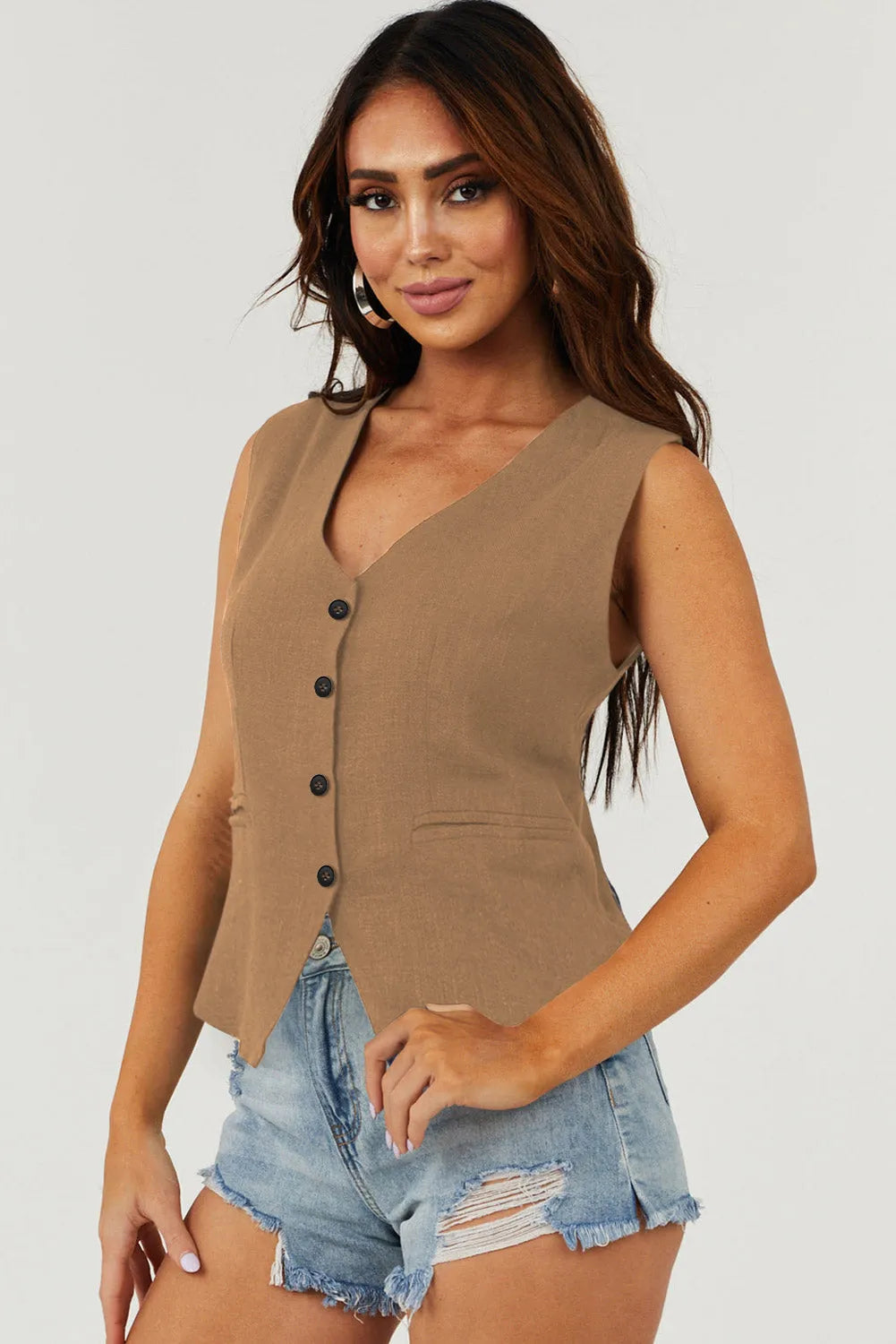 Chestnut Solid Color Button up V Neck Suit Vest - Chic Meadow Boutique 