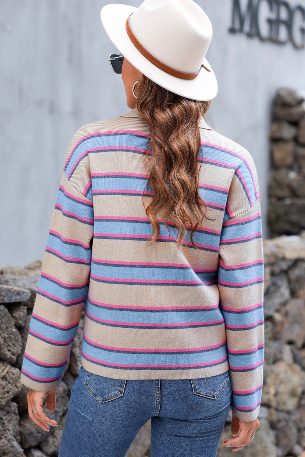 Apricot Stripe Collared V Neck Drop Shoulder Loose Sweater