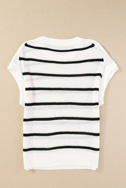 White Stripe Round Neck Batwing Sleeve Sweater - Chic Meadow Boutique 