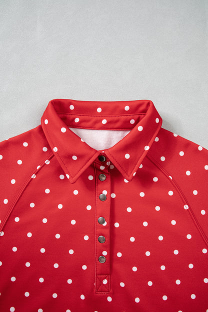 Red Polka Dot Print Metal Button Collar Casual Pullover Sweatshirt
