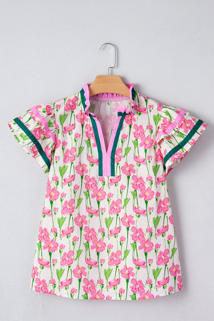 Pink Floral Print Contrast Trim V Neck Double Ruffled Short Sleeve Blouse