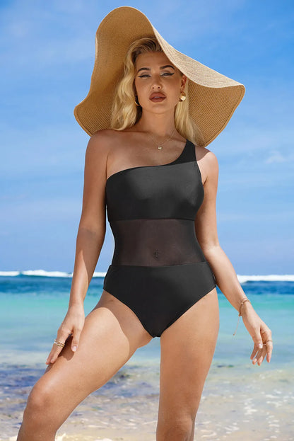 Black Single Shoulder Mesh Patchwork One-piece Swimwear - Chic Meadow Boutique 