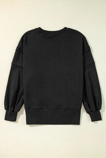 Black Exposed Seam Drop Shoulder Round Neck Sweatshirt with Slits - Chic Meadow Boutique 