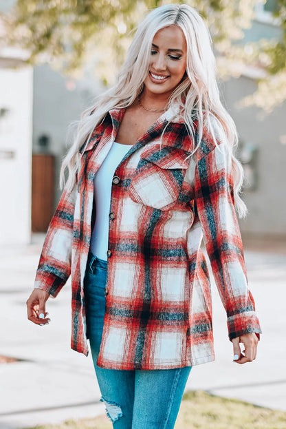 Red Turn down Neck Plaid Pocket Button Closure Coat - Chic Meadow Boutique 