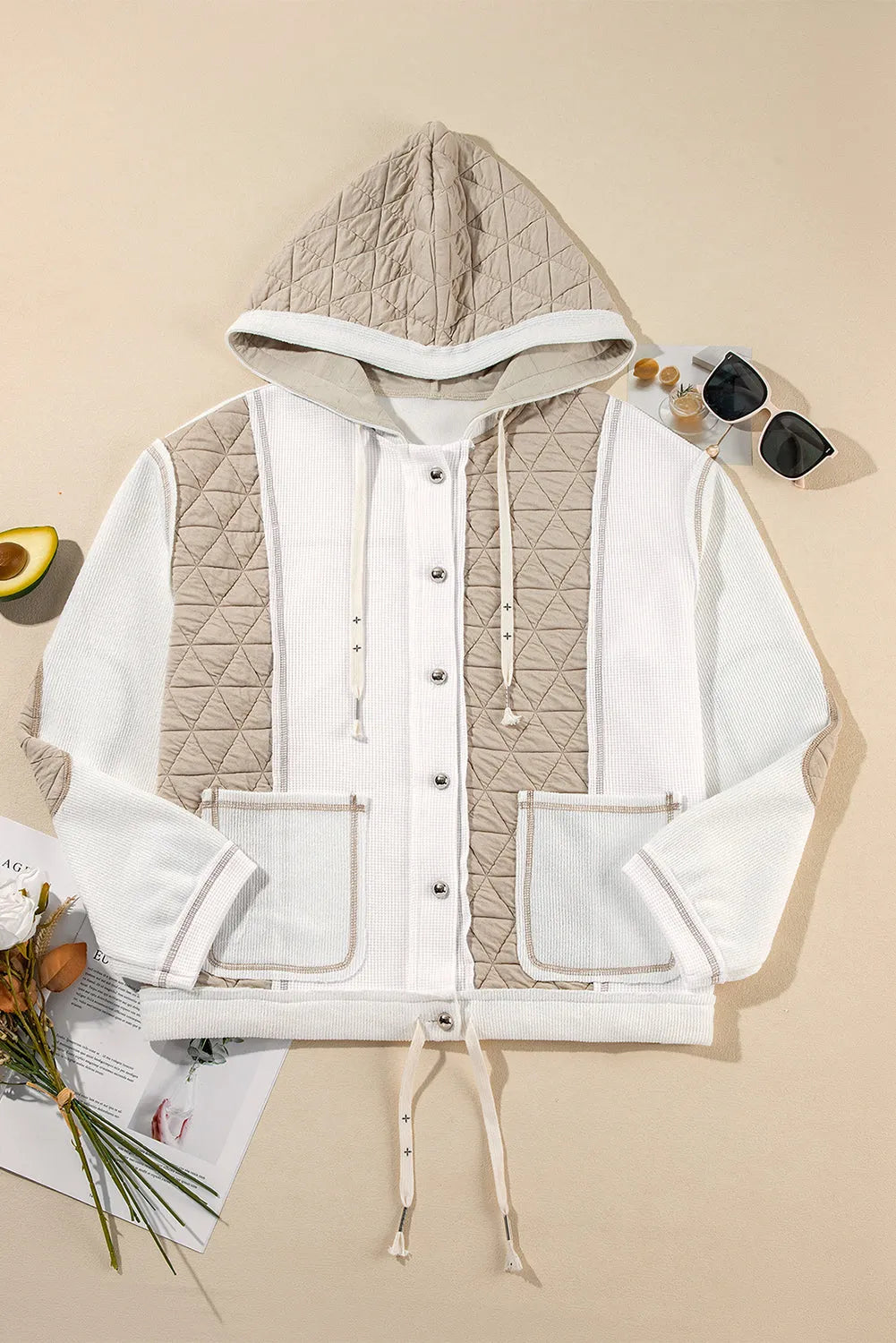 Beige Quilted Textured Patchwork Loose Fit Hooded Jacket - Chic Meadow Boutique 