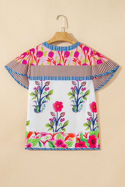 Pink Floral Striped Patchwork Short Sleeve Split Neck Blouse