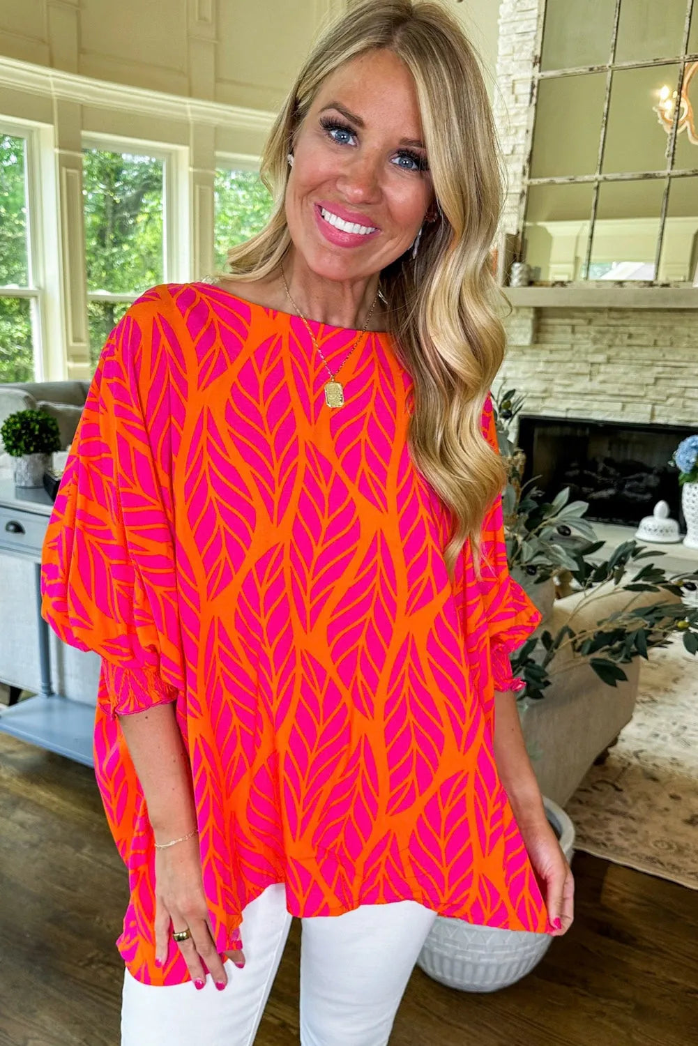 Rose Tropical Leaf Print Smocked Puff Sleeve Blouse - Chic Meadow Boutique 