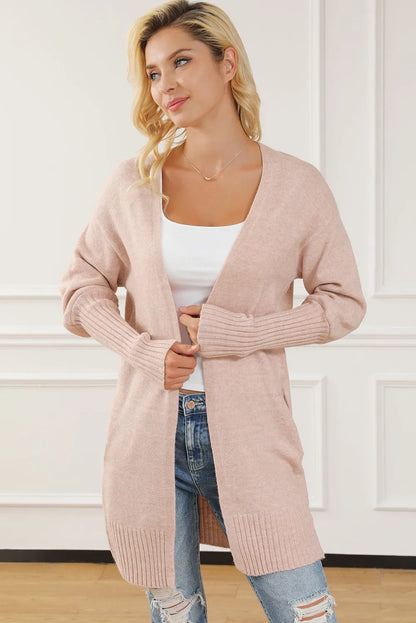 Smoke Gray Ribbed Trim Puff Sleeve Open Cardigan - Chic Meadow Boutique 