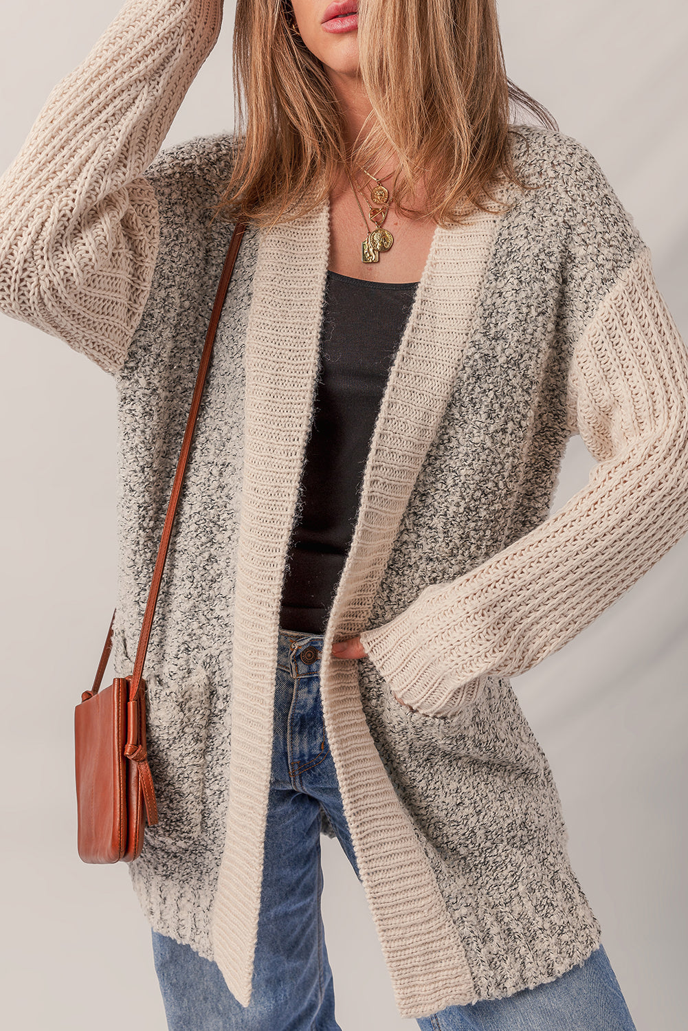 High Color Block Side Pockets Open Front Cardigan