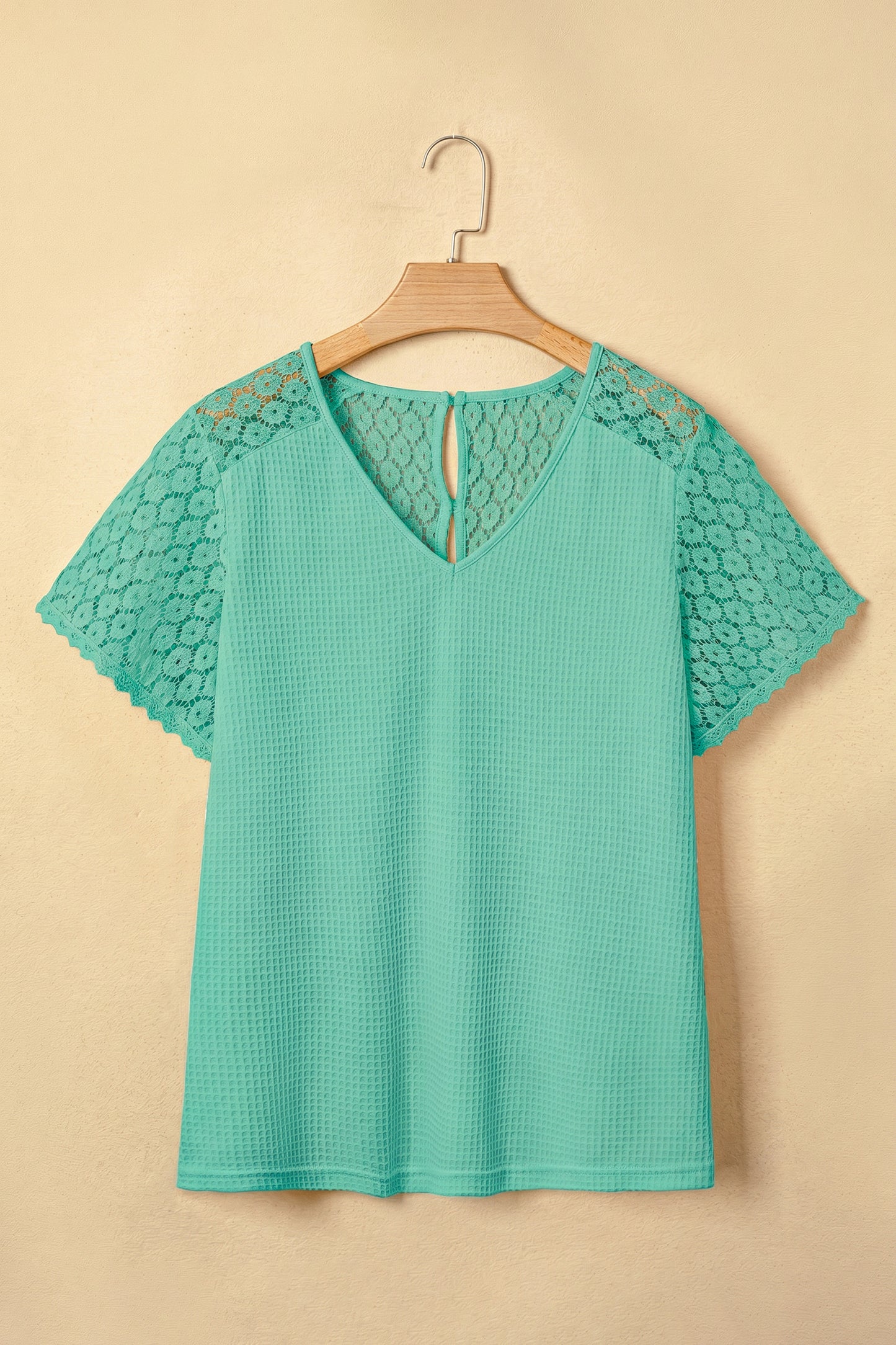 Mint Green Lace Splicing Button Cutout V Neck Waffle Knit Blouse