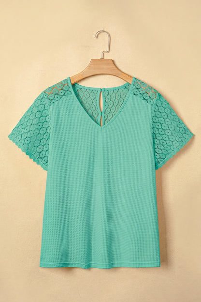 Mint Green Lace Splicing Button Cutout V Neck Waffle Knit Blouse