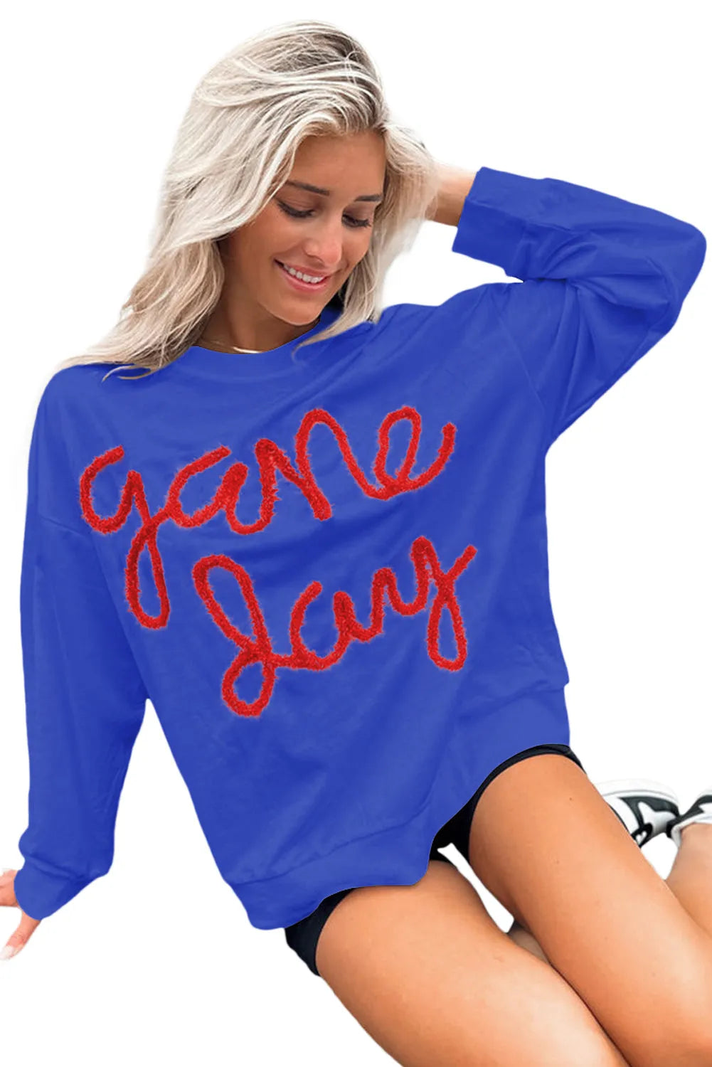 Dark Blue Tinsel Game Day Drop Shoulder Graphic Sweatshirt - Chic Meadow Boutique 