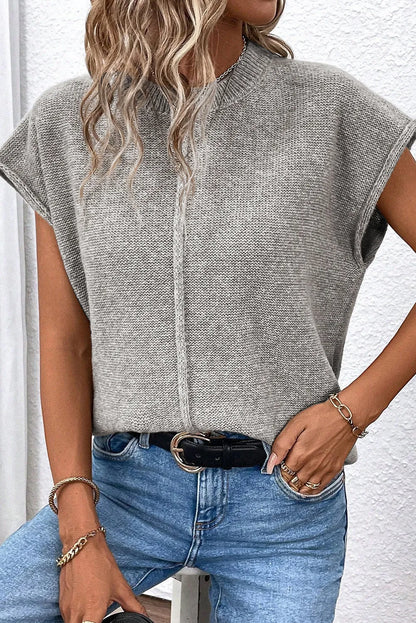 Gray Crew Neck Center Seamed Short Sleeve Sweater - Chic Meadow Boutique 