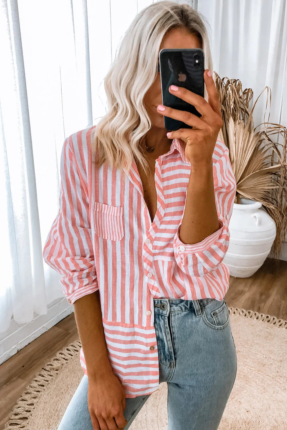 Pink Stripe Buttoned Long Sleeve Casual Shirt - Chic Meadow Boutique 