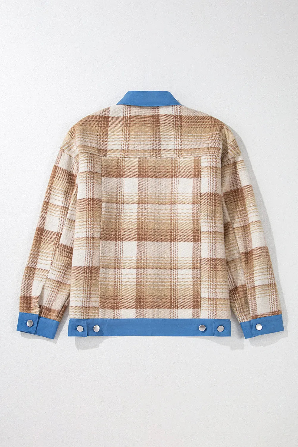 Light French Beige Plaid Patchwork Flap Detail Button Up Shacket - Chic Meadow Boutique 