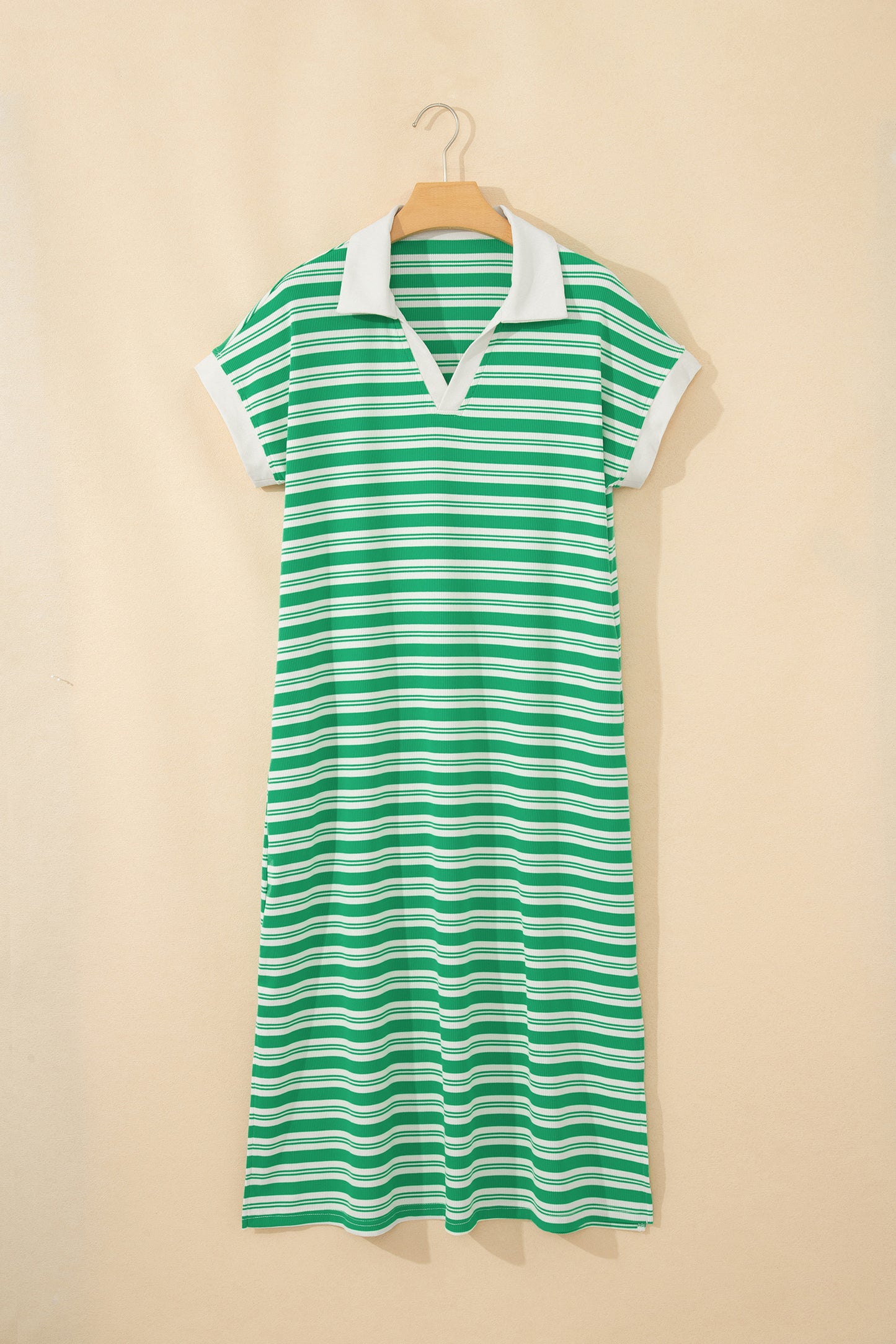 Green Stripe Collared V Neck Short Sleeve T Shirt Midi Dress with Pockets