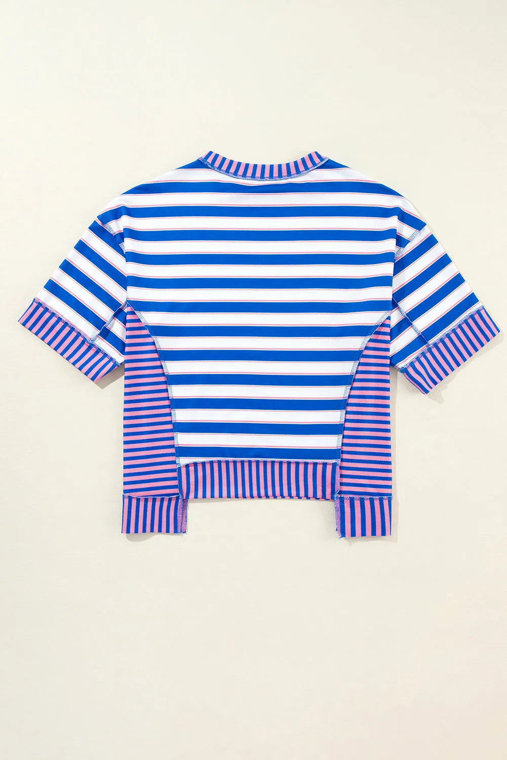 Blue Stripe Patchwork Exposed Seam Drop Shoulder Oversized Top - Chic Meadow Boutique 