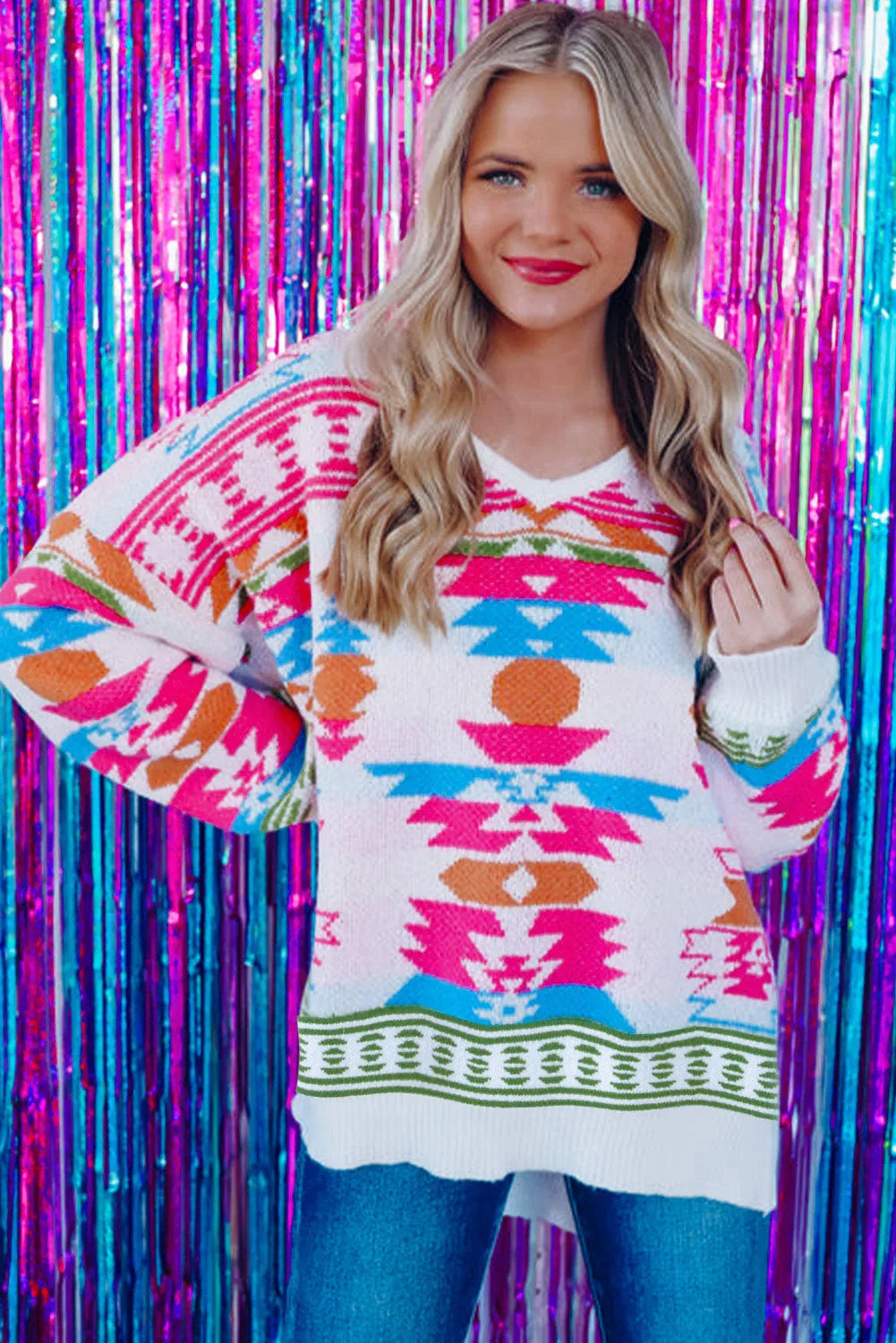 White Oversize Aztec Print High Low V Neck Sweater - Chic Meadow Boutique 