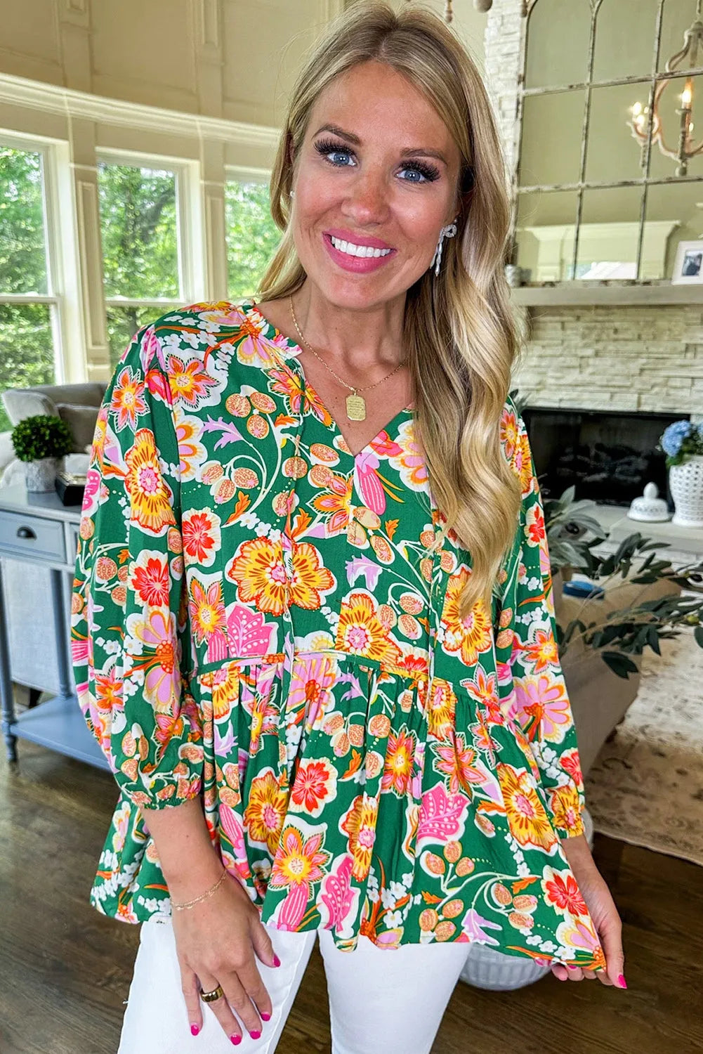 Green Floral Puff Sleeve V Neck Peplum Blouse - Chic Meadow Boutique 