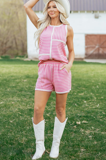 Pink Stripe Textured Contrast Trim Casual Tank and Shorts Set