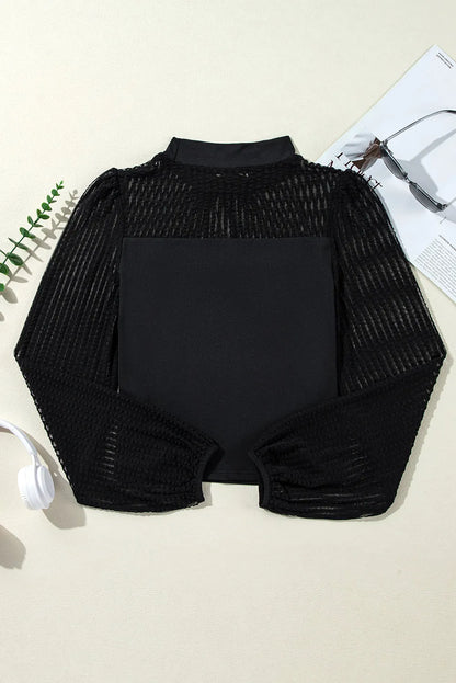 Black Stand Collar Striped Mesh Lantern Sleeve Blouse - Chic Meadow Boutique 