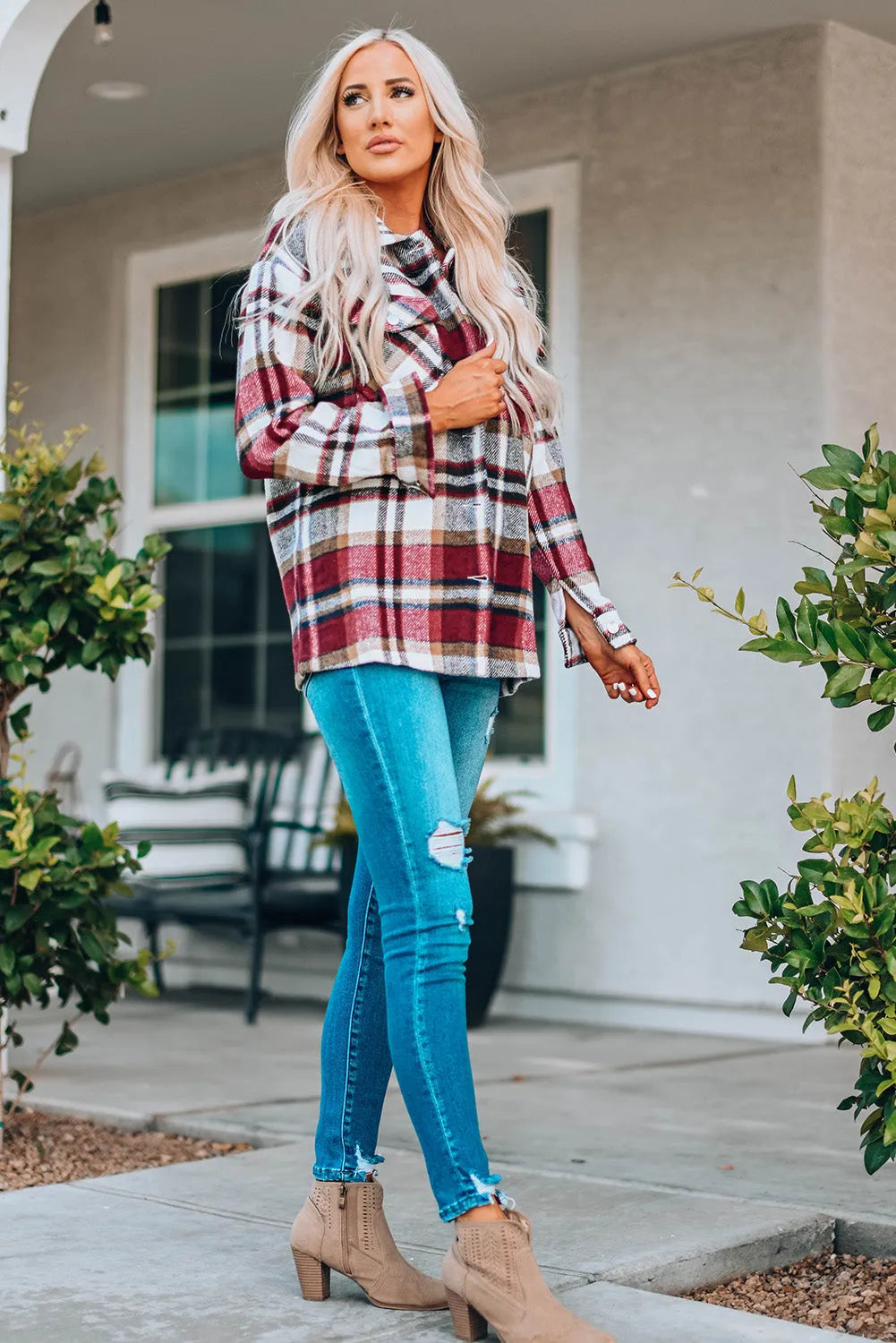 Fiery Red Geometric Plaid Print Pocketed Shacket - Chic Meadow Boutique 