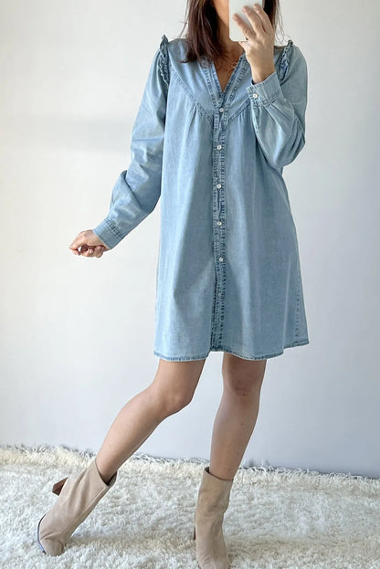 Myosotis Ruffled V Neck Buttoned Shift Denim Dress - Chic Meadow Boutique 