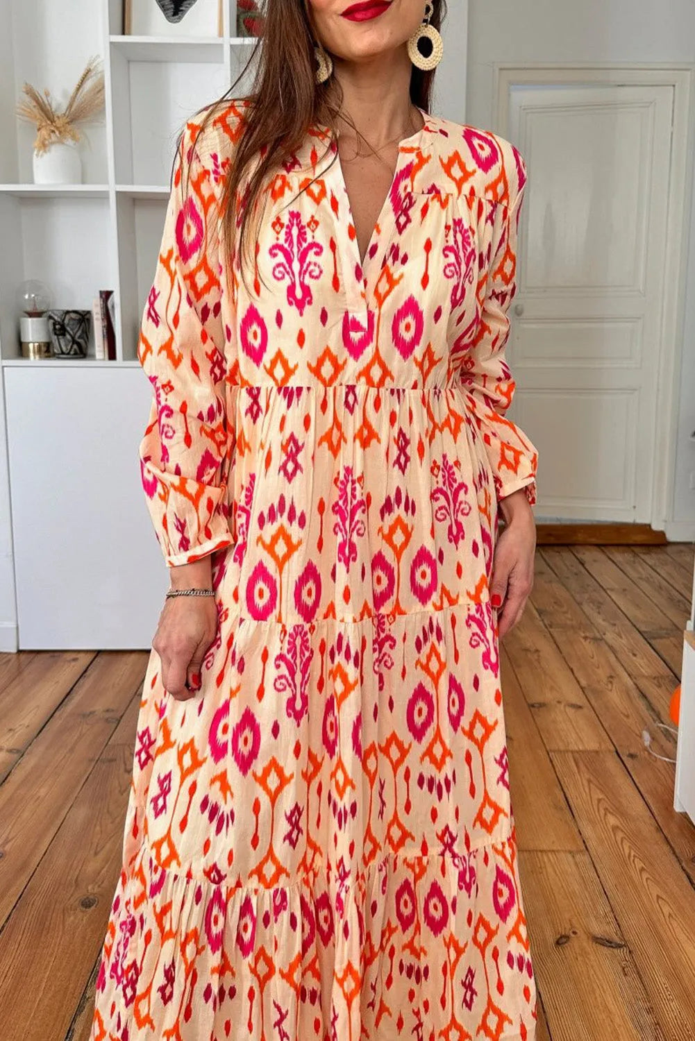 Orange Western Abstract Geometric Printed Maxi Dress - Chic Meadow Boutique 