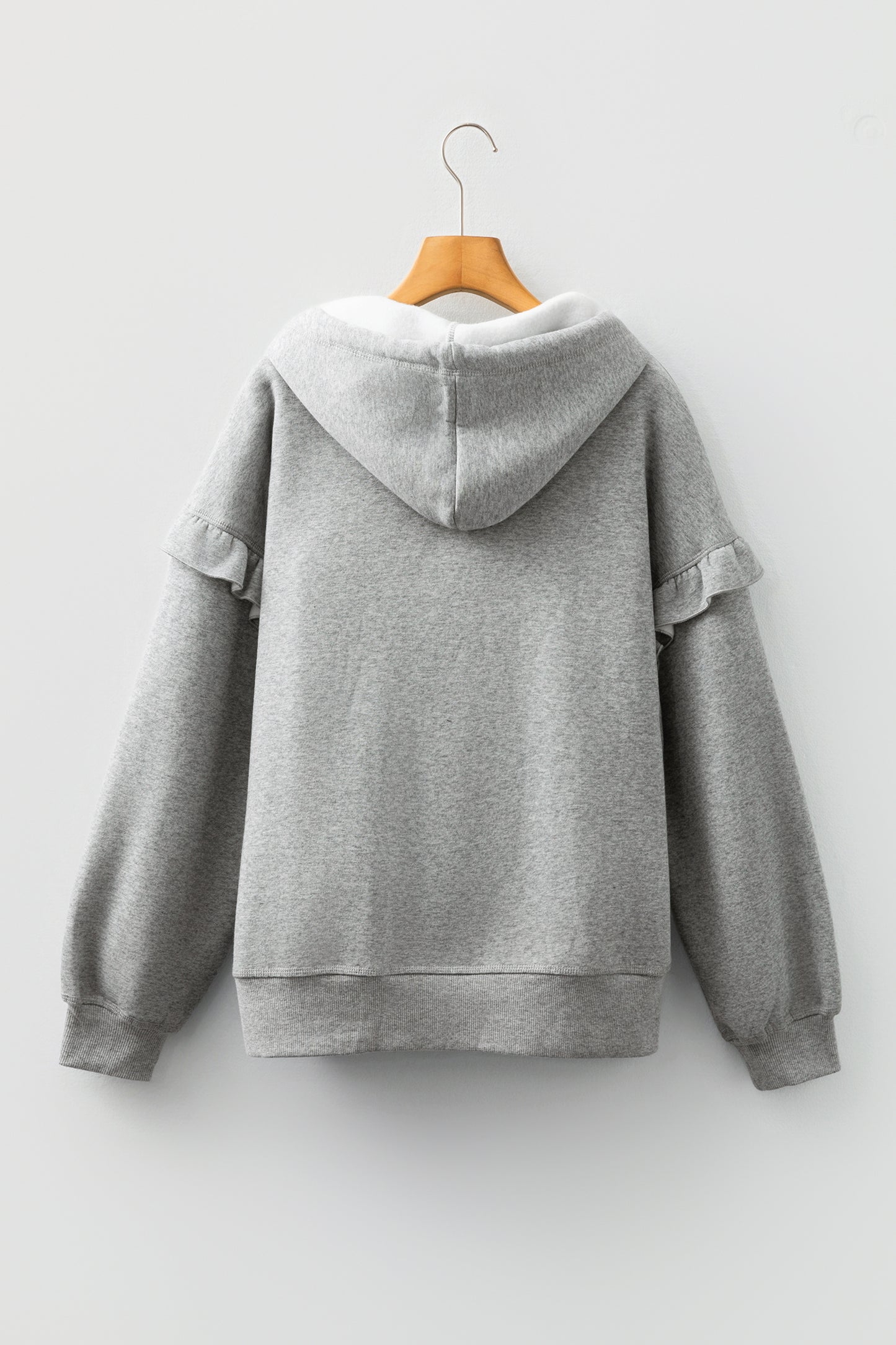 Gray Contrast Rope Drawstring Ruffle Trim Drop Shoulder Baggy Hoodie