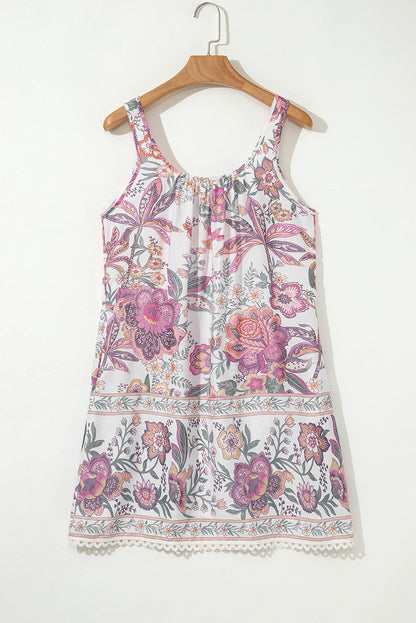 Multicolour Floral Print Fringed Tie U Neck Sleeveless Mini Dress