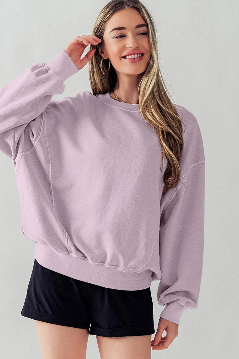 Orchid Petal Exposed Seam Batwing Sleeve Drop Shoulder Sweatshirt - Chic Meadow Boutique 