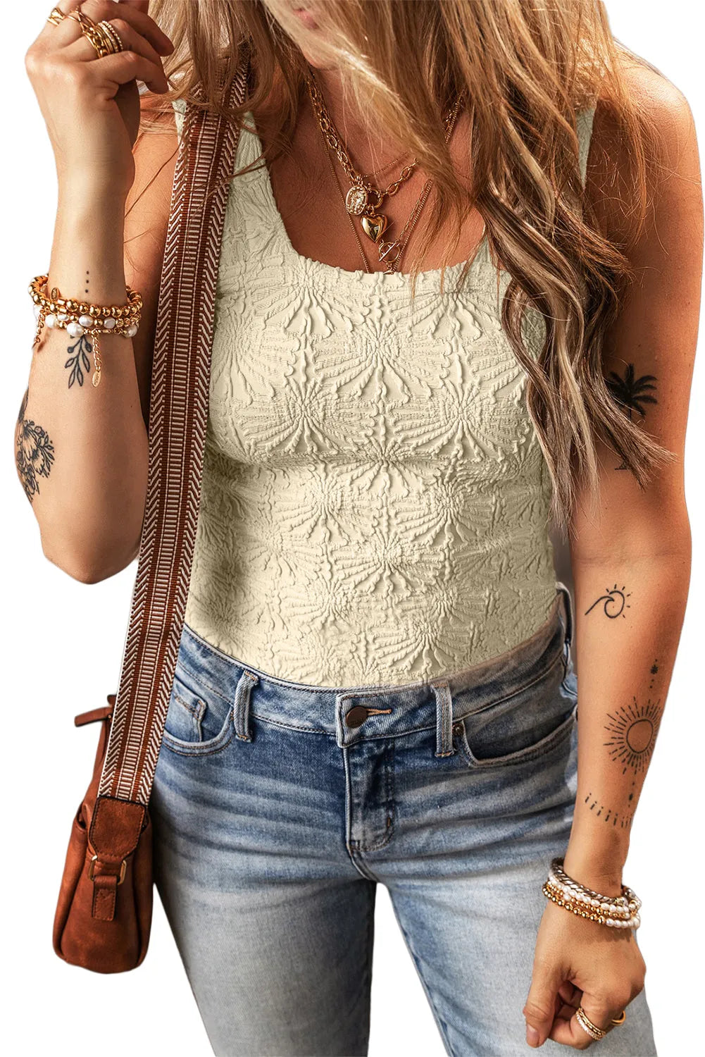 White Floral Jacquard Square Neck Tank Top - Chic Meadow Boutique 