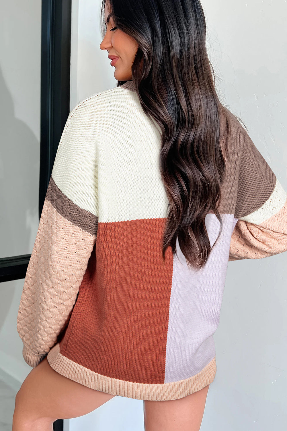 Coffee Mix Texture Colorblock Knit Baggy Sweater