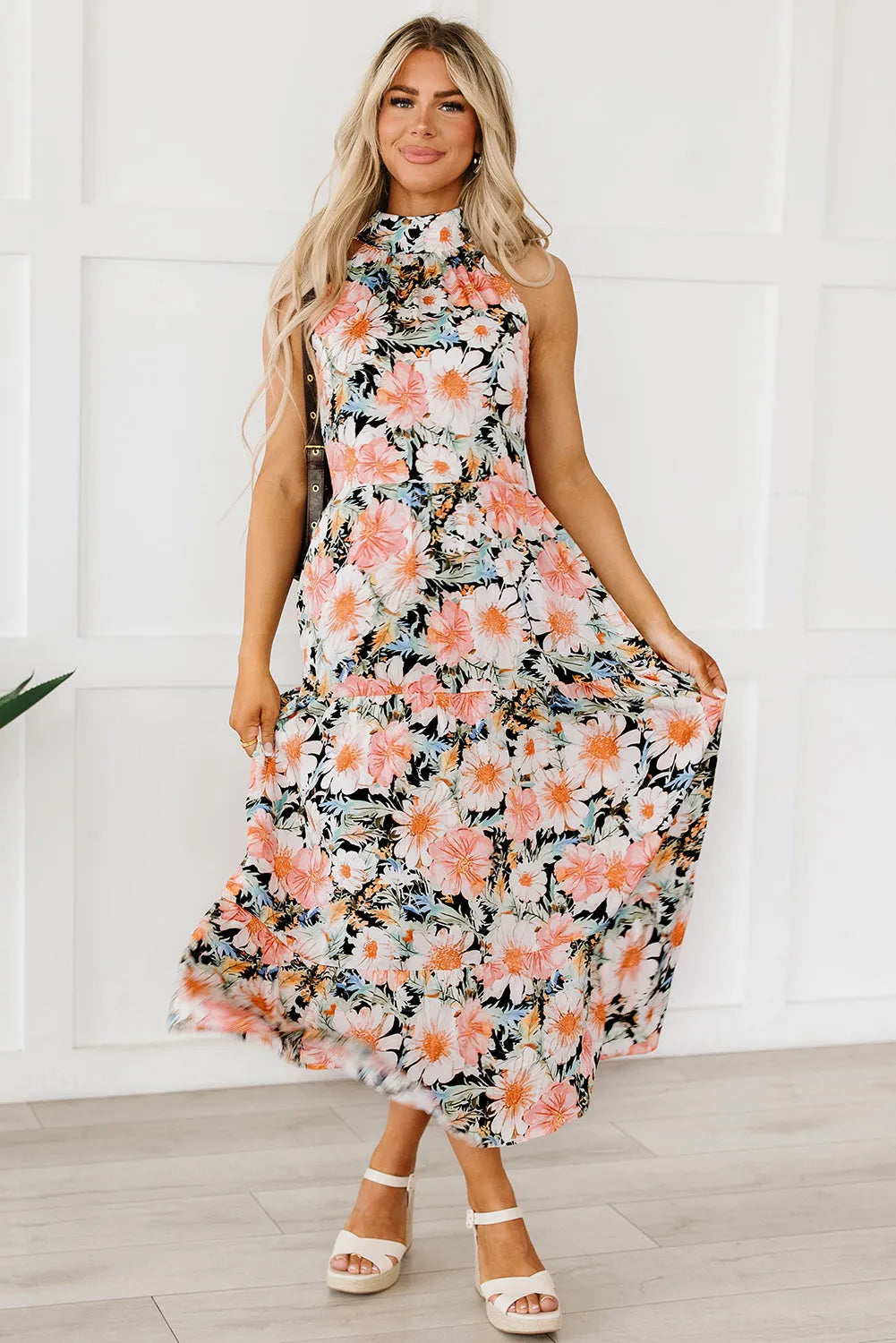 Black Boho Floral Print Knotted Halter Ruffled Maxi Dress - Chic Meadow Boutique 