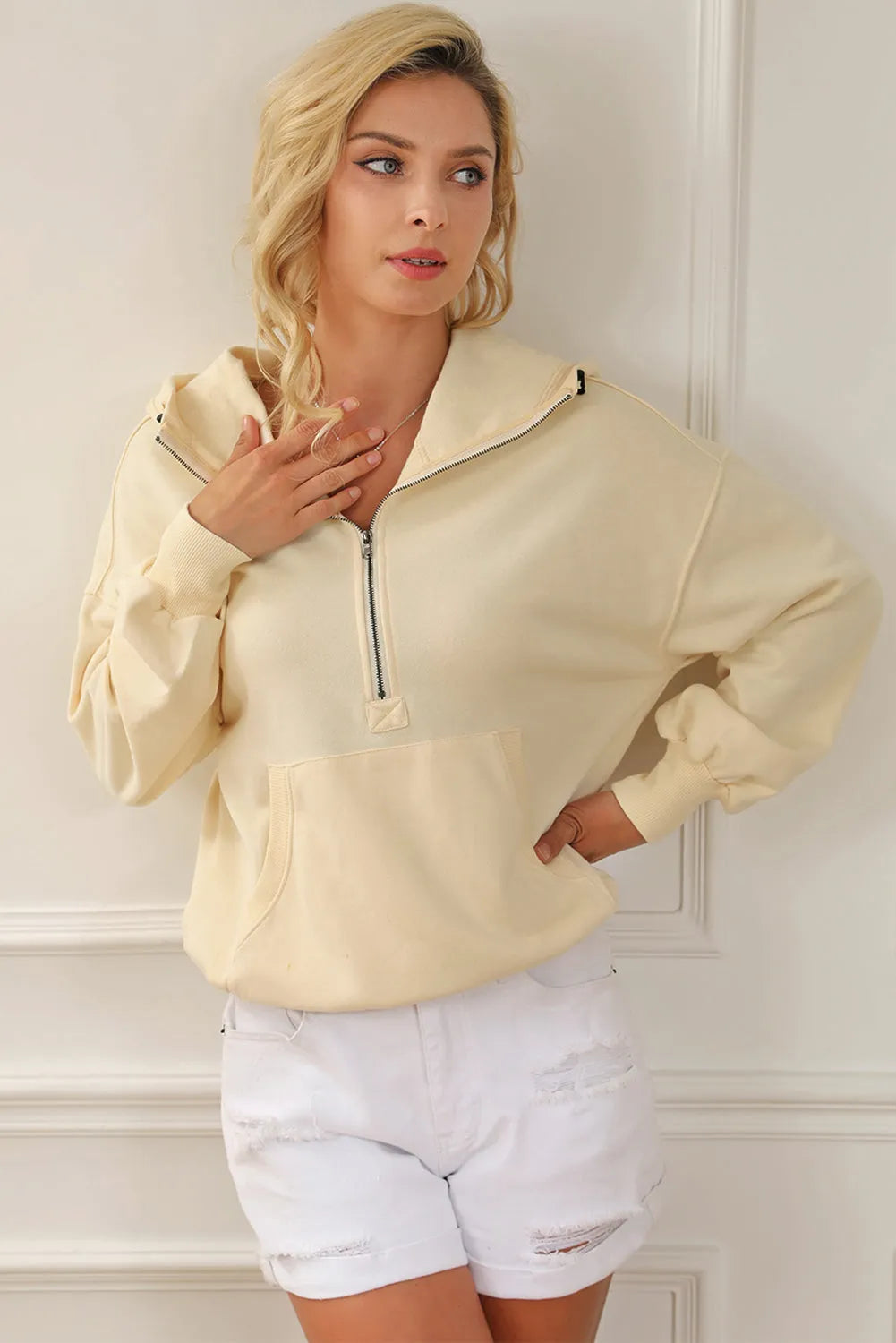 Beige Ribbed Trim Kangaroo Pocket Zipped Hoodie - Chic Meadow Boutique 