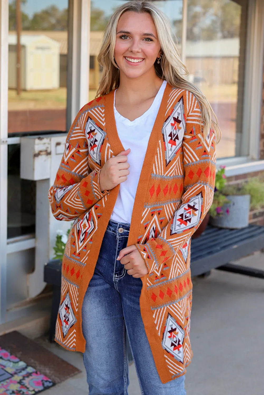 Brown Aztec Geometric Knit Open Front Cardigan - Chic Meadow Boutique 