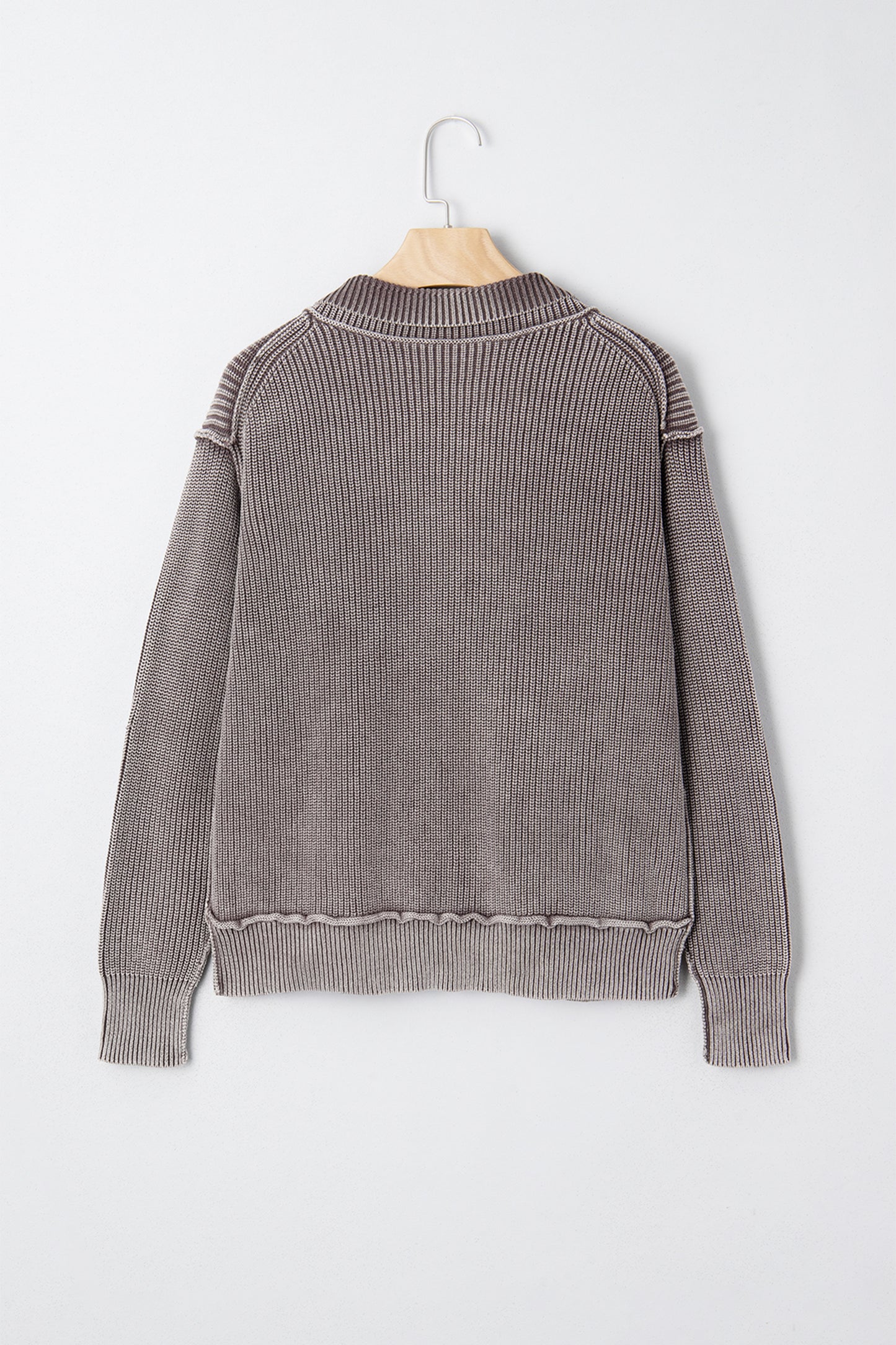 Dark Brown Mineral Wash Exposed Seam Patchwork Knit Open Sweater Cardigan