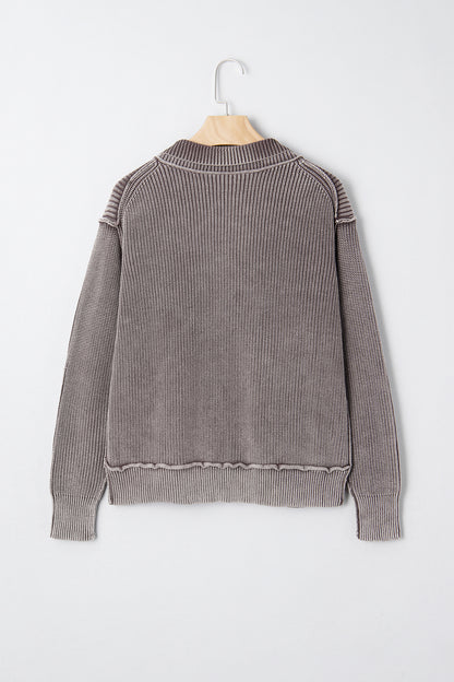 Dark Brown Mineral Wash Exposed Seam Patchwork Knit Open Sweater Cardigan