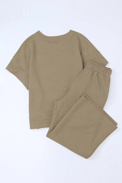 Two Piece Sets/Pant Sets Pale Khaki Textured Loose Fit T Shirt and Drawstring Pants Set