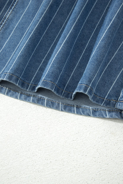 Sky Blue Stripe Button Pintuck High Waist Drawstring Denim Midi Skirt